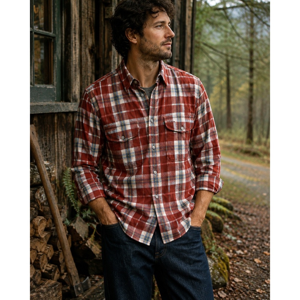 Filson Field Lightweight Flannel Shirt Log Jam Plaid Cotton Workwear Red M
